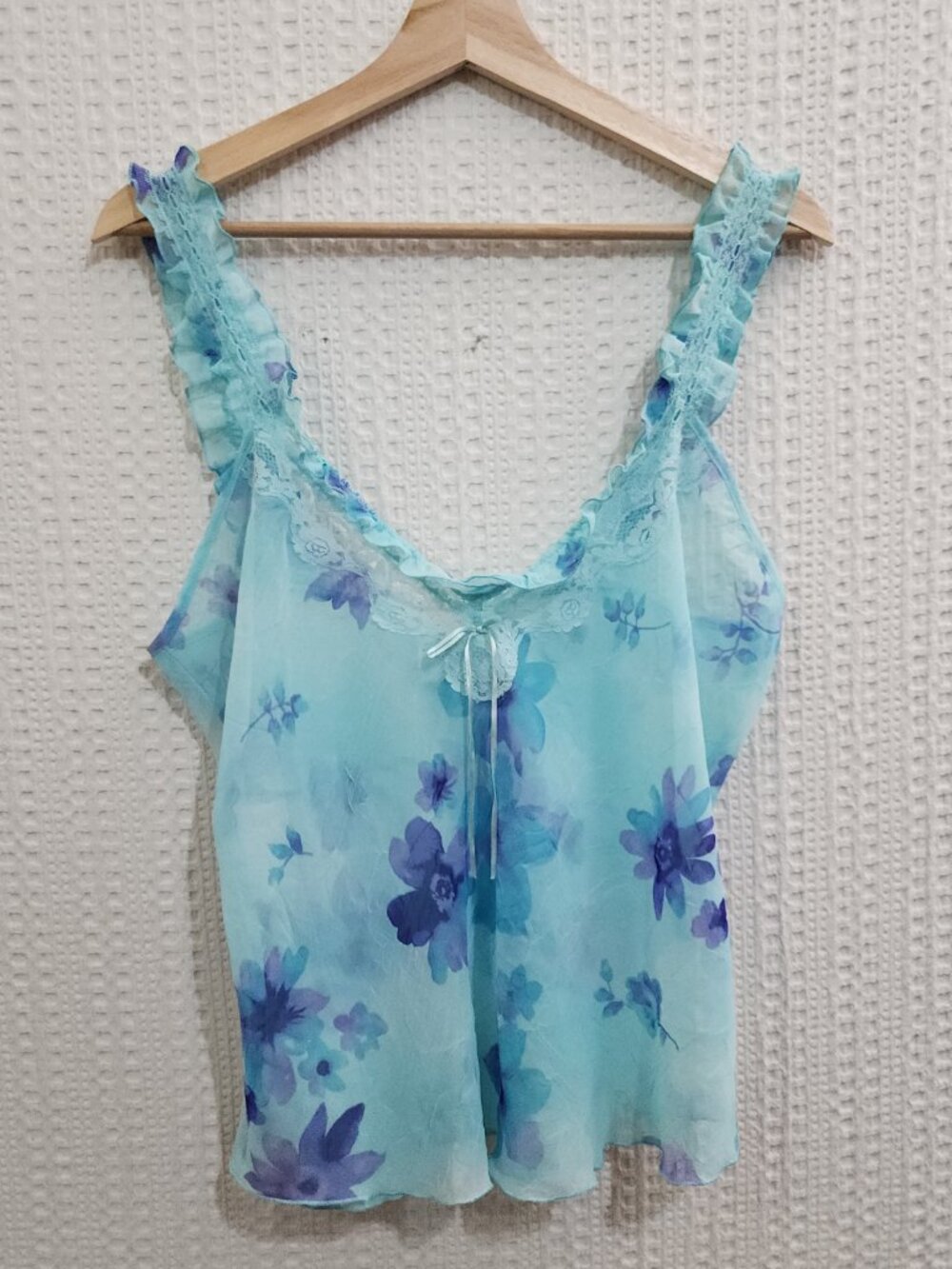 Private Luxuries Y2K Sheer Fairy Floral Lace Trim Crop Tank Aqua Blue Size Large - Picture 4 of 15
